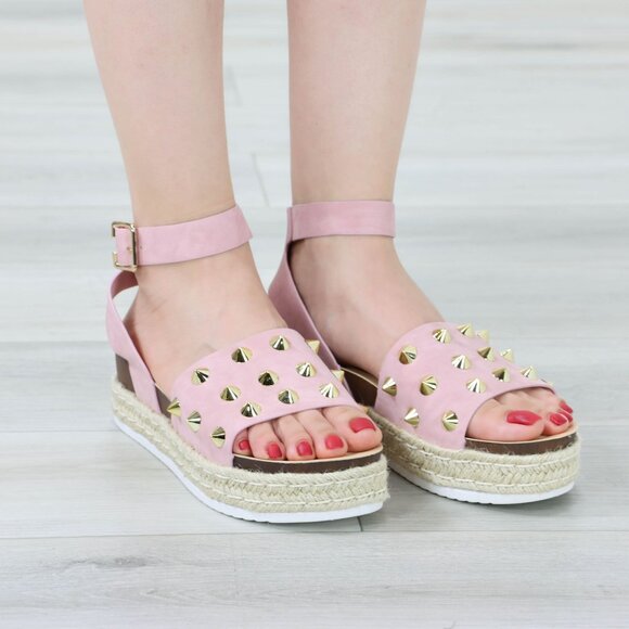 Pink Platform Espadrille Sandals Gold Studded Ankle Strap Open Toe - Picture 9 of 13